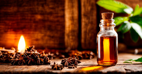 Anise essential oil in a bottle. Selective focus.