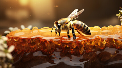 Bee on honey. Closeup view. - obrazy, fototapety, plakaty