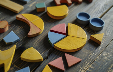 Colorful math fractions on the wooden background. interesting math for kids, for preschool, daytime. Education, back to school concept. Geometry and mathematics materials. AI Generated
