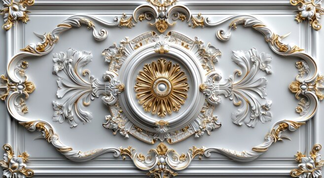 Fototapeta Transform your ceiling with opulent white-golden 3D wallpaper set against a Victorian-style decorative frame background.