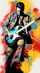 Fototapeta na wymiar Rock n roll popart, pop art of guitarist, guitar illustration