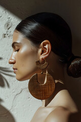 beautiful woman with massive leather earrings