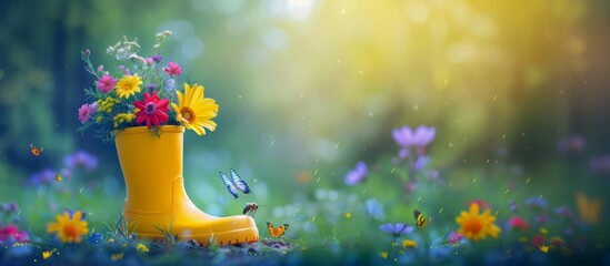 Yellow rubber boot with spring flowers inside and butterflies around on blurred nature spring background, concept of the arrival and celebration of spring, banner with copyspace - obrazy, fototapety, plakaty