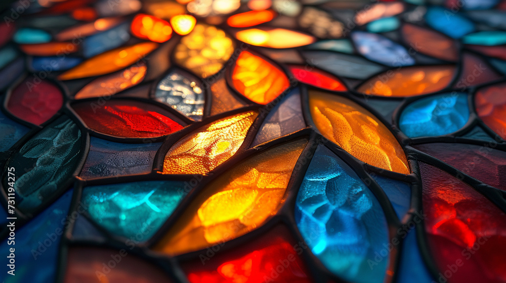 Poster A contemporary stained glass window design featuring abstract, thorn-like patterns in a spectrum of light and color,