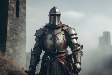 Medieval knight in armor stands near castle with copy space. Historical reconstruction