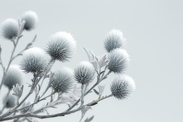 A modern, minimalist art piece featuring an oversized burdock plant with sleek metallic burrs against a stark white background,