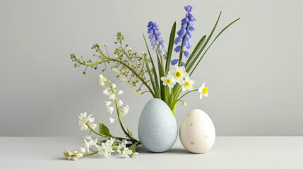Obraz na płótnie Canvas spring bouquet of lilies of the valley, forget-me-nots, hyacinths, muscari, daffodils, composition of Easter eggs, minimalism, studio, modern product photo, holiday, place for text, symbol, religious