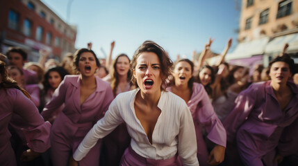 Group of women together smiling and united in the protest of international women's day- 
group of multiracial women united fighting on international women's day - march 8