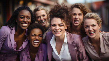 Group of women together smiling and united in the protest of international women's day- 
group of multiracial women united fighting on international women's day - march 8