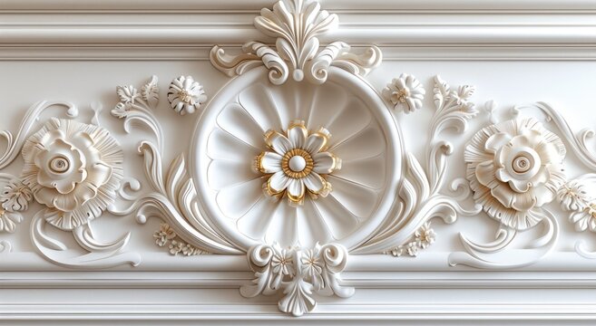Fototapeta Victorian-style decorative frame background with white-golden 3D wallpaper for the ceiling, creating an elegant ambiance.