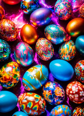 Fototapeta na wymiar holographic Easter eggs on a shiny background. Selective focus.