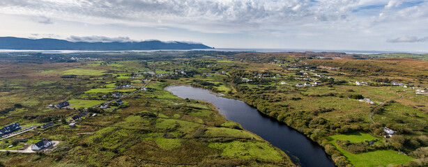 Aerial view of Lough fad in the morning fog, County Donegal, Republic of Ireland