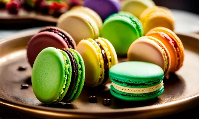 Muurstickers different macarons on a plate. Selective focus. © Erik