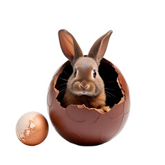 Easter bunny, cute and hatching from a chocolate Easter egg rabbit for a happy Easter, Isolated on Transparent Background, PNG