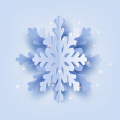 Illustration in paper cut style, snowflake on a blue background, vector.