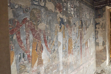 King Seti tomb at the Valley of Kings .Luxor . Egypt. Hieroglyphics in King Seti tomb.wall reliefs...