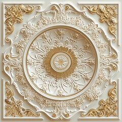 Fototapeta na wymiar Victorian-style decorative frame background with white-golden 3D wallpaper for the ceiling, creating an elegant ambiance.