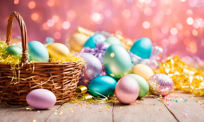 Fototapeta na wymiar multi-colored Easter eggs in a basket. Selective focus.