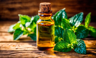 peppermint essential oil in a bottle. Selective focus. - obrazy, fototapety, plakaty
