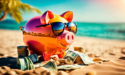piggy bank on the beach. Selective focus.