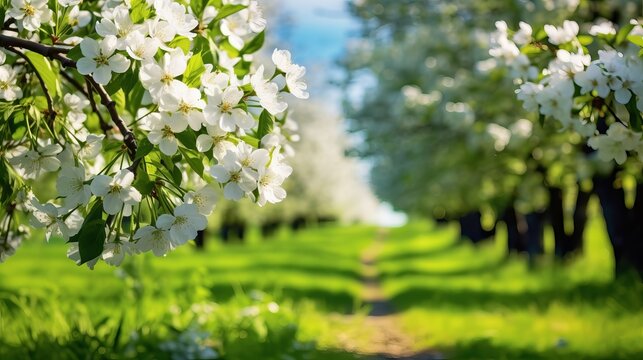 An old apple orchard on a green lawn in sunny day. Scenic image of trees in charming garden. Agrarian region of Ukraine, Europe. Flowering orchard in spring time. Photo wallpaper. Beauty of