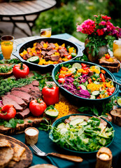 table with food in the yard. Selective focus.