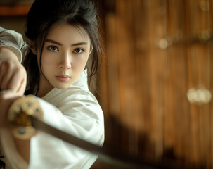 Asian Japanese combat or ninja girl wearing white gi and holding a sword, copy space in background - obrazy, fototapety, plakaty