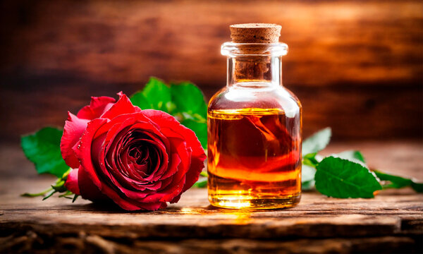 rose essential oil in a bottle. Selective focus.