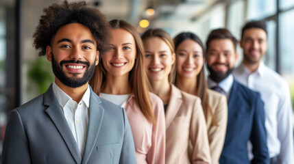 Fototapeta premium Successful multiethnic group of business smiling people standing as a team at modern office
