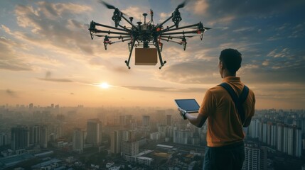 A man controls a flying delivery drone with a tablet during sunrise over a cityscape, symbolizing delivery and logistic trend.