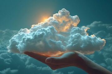Surreal Hand Cradling a Sunlit Cloud in a Blue Sky