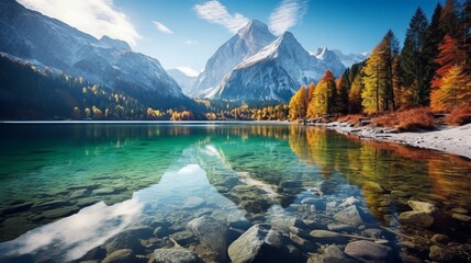 Beautiful autumn scene of Hintersee lake. Colorful morning view of Bavarian Alps on the Austrian border, Germany, Europe. Beauty of nature concept background