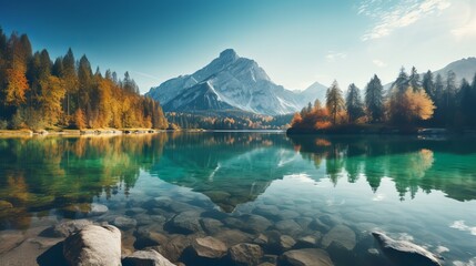 Beautiful autumn scene of Hintersee lake. Colorful morning view of Bavarian Alps on the Austrian border, Germany, Europe. Beauty of nature concept background - obrazy, fototapety, plakaty