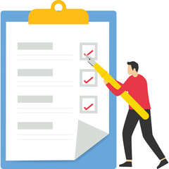 Checklist survey project management working together paper document success planning schedule concept flat vector illustration. deadlines. complete assignments on time.