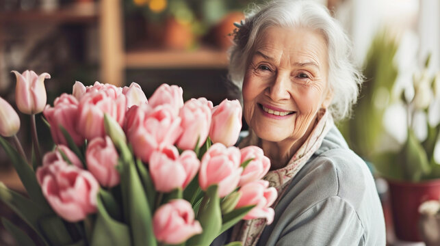 Joyful elderly woman with tulips, smiling , radiating happiness and warmth, Mother's Day, Day of the Elderly - Powered by Adobe