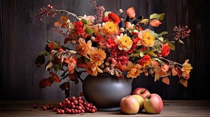 Beautiful flower composition with autumn orange and red flowers and berries. Autumn bouquet in vintage vase on a wooden table with pink tissue and candles