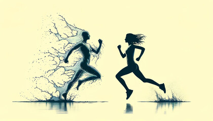Fototapeta na wymiar Silhouettes of a male and a female runner, depicted with dynamic water splash effects, symbolizing movement and energy against a neutral background.Sport concept. AI generated.