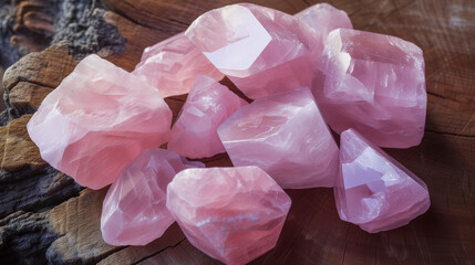 Collection of various-shaped rose quartz crystals on wood 