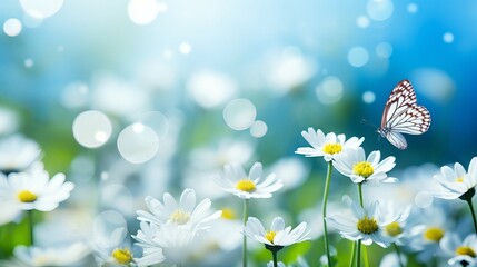 Beautiful white flower fresh spring morning on nature and butterfly on blue background. Spring, summer concept