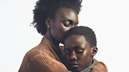 Black mother hugs her son tightly, their faces touching tenderly, sharing a sweet moment of connection, family relationships