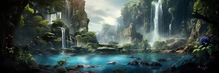 Fototapete Fantasielandschaft Fantasy landscape with waterfalls, panorama. Generative AI
