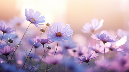 Beautiful wild flowers chamomile, purple wild peas, butterfly in morning haze in nature close-up macro. Landscape wide format, copy space, cool blue tones. Delightful pastoral airy artistic
