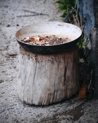 Village life. A frying pan on a tree stump in the village