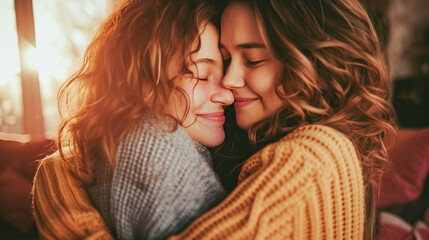 A touching moment of two women, sisters, hugging each other, conveying tenderness and comfort in a softly lit setting - obrazy, fototapety, plakaty