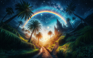 
A fairy-tale castle with high towers surrounded by green palm trees. Mountains are visible in the background, and the sky is strewn with stars and misty clouds and a rainbow shines brightly