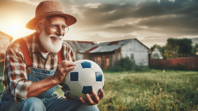 Smiling elderly farmer in overalls and a straw hat holding a soccer ball, with a farm setting in the background at dusk.
