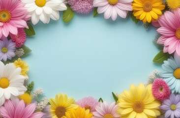 Pastel colors frame with free place for text made from lot of spring flowers. Greeting card for spring holidays. Template for Birthday, Women's Day, Mother's Day. Floral picture.