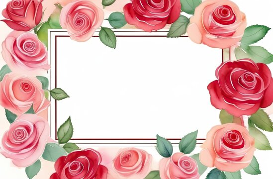 Pastel colors frame with free place for text made from lot of red roses. Greeting card for spring holidays. Template for Birthday, Women's Day, Mother's Day. Floral picture.