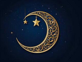 A crescent moon and a twinkling star against a deep blue backdrop, symbolizing the beginning of Ramadan.