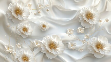 Fototapeta na wymiar Luxurious 3D wallpaper featuring beautiful white flowers on a silk background, perfect for wall printing. 